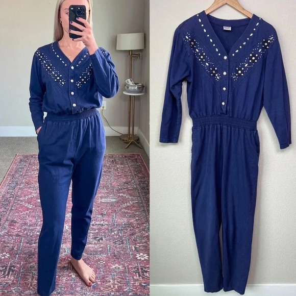 Vintage 80’s Western Bedazzled Jumpsuit Navy Blue small - Picture 1 of 12